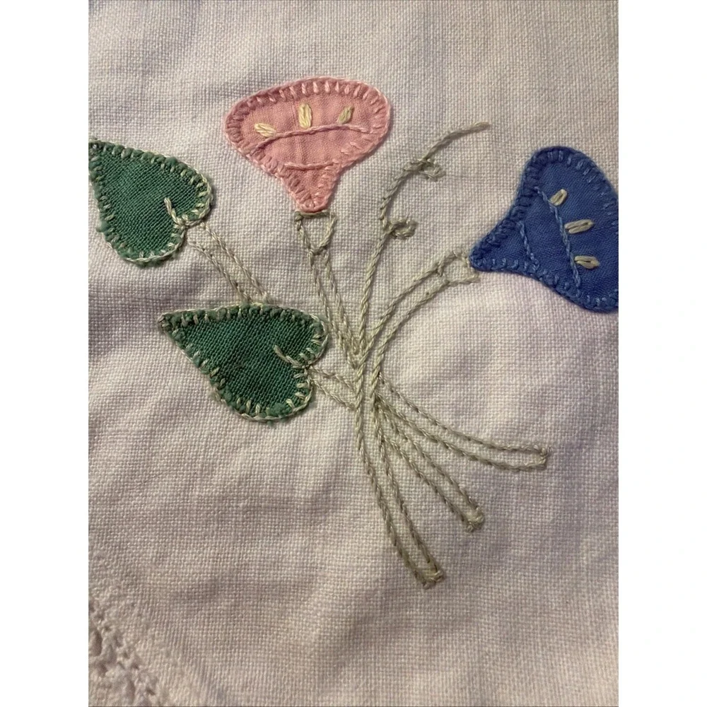 Vtg Hand Appliqué Lace Trimmed Set Of 2 Linen Napkins Exc Cond